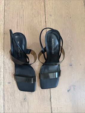 Marc Fisher Black Clear-Strap Square-Toe Heeled Sandals